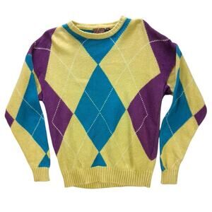 Vintage Mens Chaps Ralph Lauren XL Argyle Sweater Yellow Purple Teal